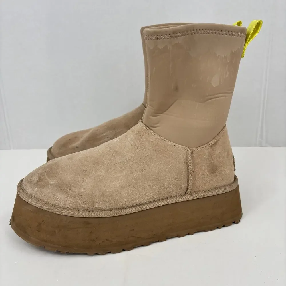 UGG Classic Dipper Platform Boots Womens Size 11 Beige Suede Neoprene Pull On
